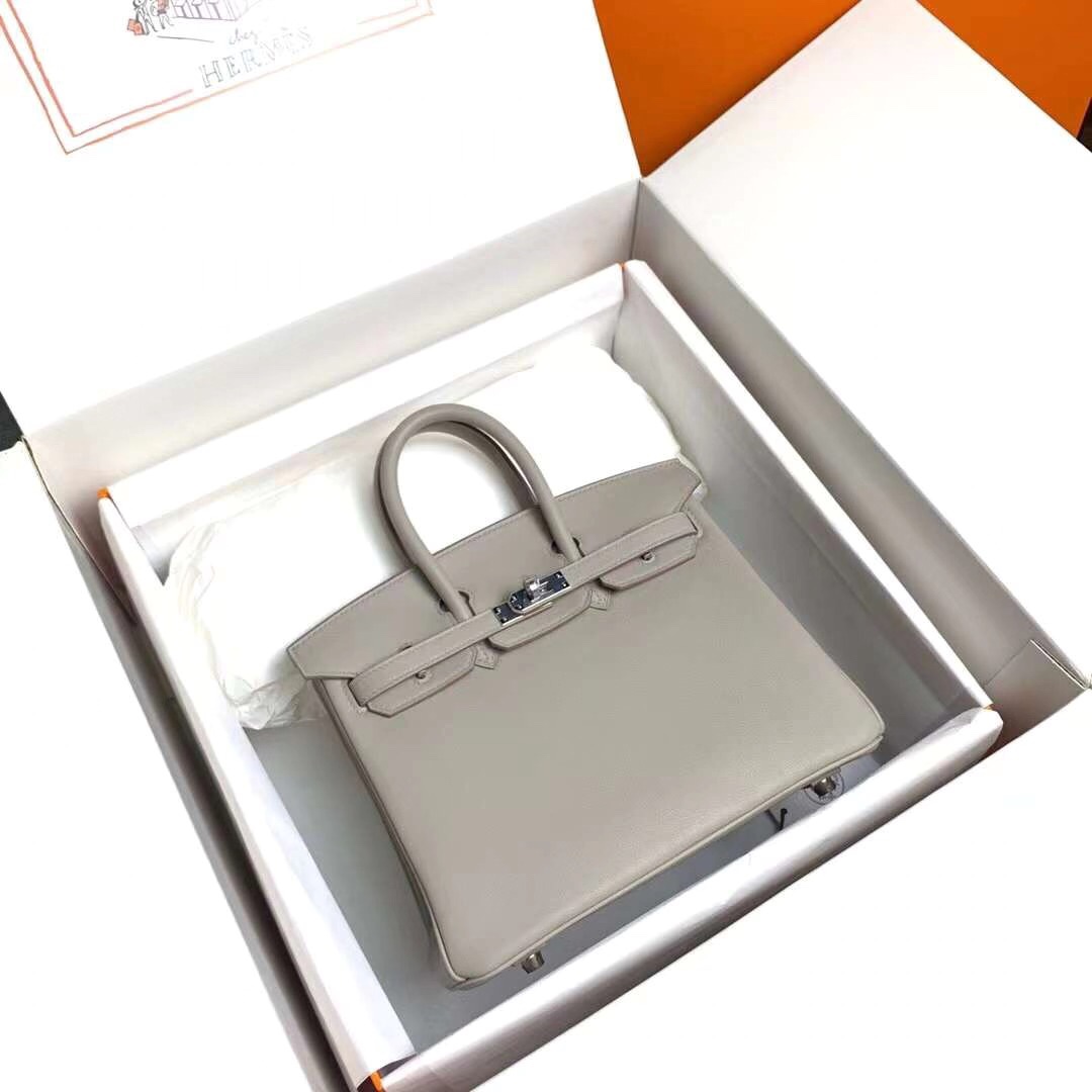 Hermes Birkin 25CM Swift Leather Handbag Light Grey 